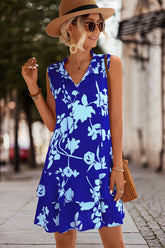 Mini-robe sans manches à imprimé floral et col en V